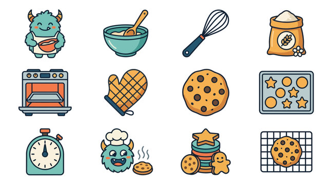 Cute Monster Baking Cookies Vector Icons Set