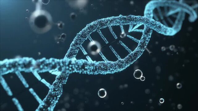 Abstract 3D Render of a Glowing Blue DNA Double Helix Strand Rotating in a Dark Fluid Environment with Floating Particles