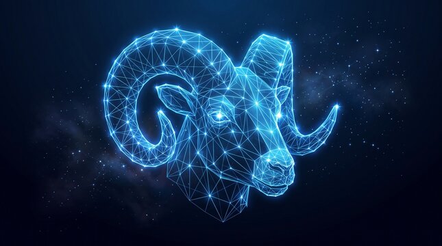 Abstract digital wireframe of a ram head representing zodiac sign aries and astrology concept illustration with astrology horoscope constellation astronomy abstract particles technology