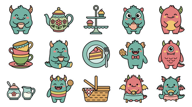 Cute Monsters Enjoying Tea Party, Vector Illustrations