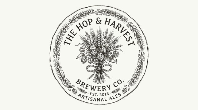 Artisanal brewery logo featuring hops and harvest theme.