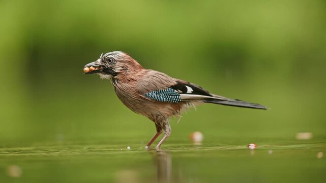 Eurasian jay juvenile wading in shallow water while foraging in woodland setting, washing nut food then taking off in flight, slow motion static