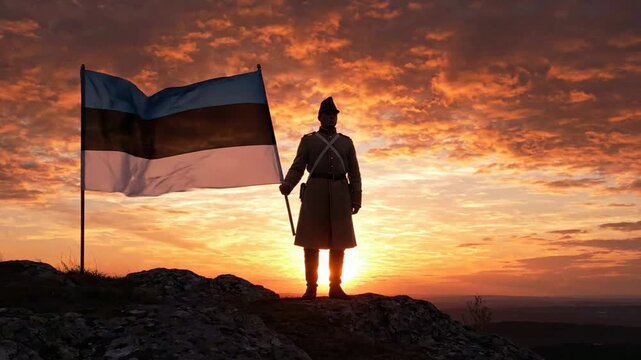 Estonian soldier standing proudly with national flag at sunset, historical military uniform silhouette on mountain peak, patriotic symbolism