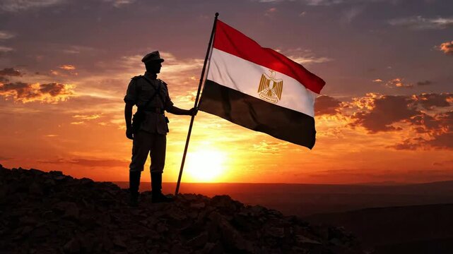 Egyptian soldier holding national flag at sunset on rocky terrain, patriotic military concept, symbol of pride, honor, and national sovereignty