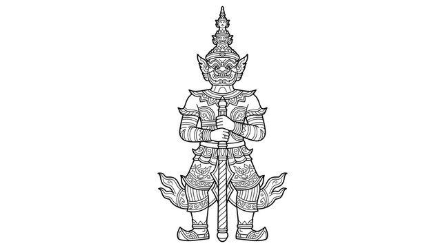Thai Yaksha Giant Guardian Line Art Vector Illustration