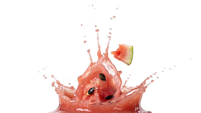 A small slice of fresh watermelon falling into a splash of pink watermelon juice, creating droplets and ripples against a black background