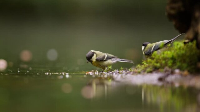 Small Great Tit songbird standing beside reflective pond edge in peaceful woodland environment, drinking water and flying away