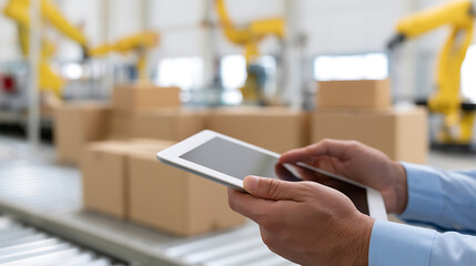 Fototapeta premium Business executive hold a tablet device in a cutting-edge smart factory, demonstrating modern logistics and automated production
