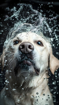 Labrador retriever shakes its head with water droplets flying in all directions against a pitch black background during a refreshing bath time moment.