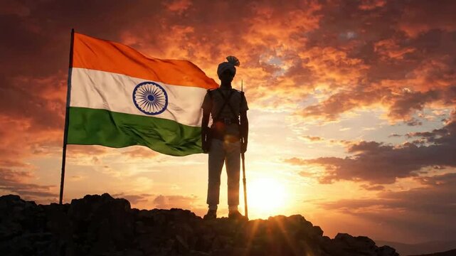 Indian soldier standing proud with national flag at sunset, patriotic military tribute, symbol of national pride and honor, cinematic golden hour