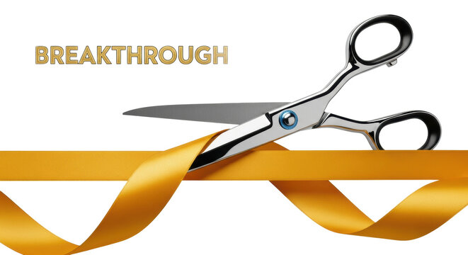 Ultra-detailed macro photo of silver ceremonial scissors hovering over a gold satin ribbon against a transparent background with 'breakthrough' text, high-key dramatic studio lighting, Concept of