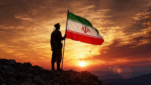 Soldier holding iranian flag on mountain peak at sunset, patriotic military concept, national pride and honor, dramatic sky background