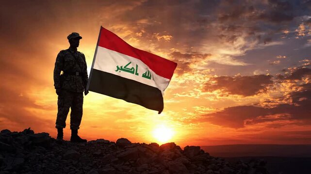 Soldier standing with waving iraq flag at sunset, patriotic military concept, national pride and honor, middle east conflict and peace background