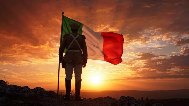 Italian soldier holding national flag at sunset, patriotic historical military uniform silhouette on mountain peak, cinematic italy pride concept