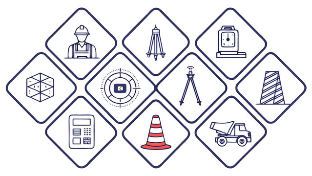 Construction and surveying vector icon set with worker tripod cone building and truck symbols in diamonds