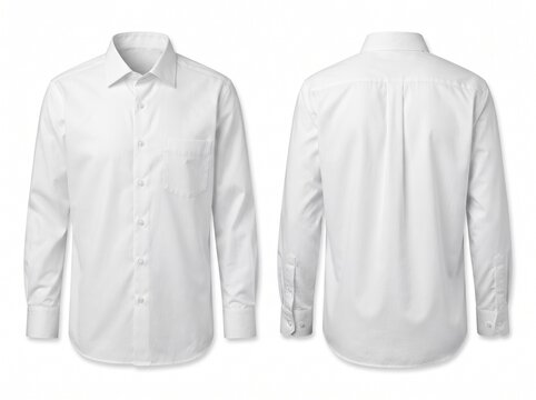 White mens long sleeve dress shirt mockup showing front and back views isolated on white background