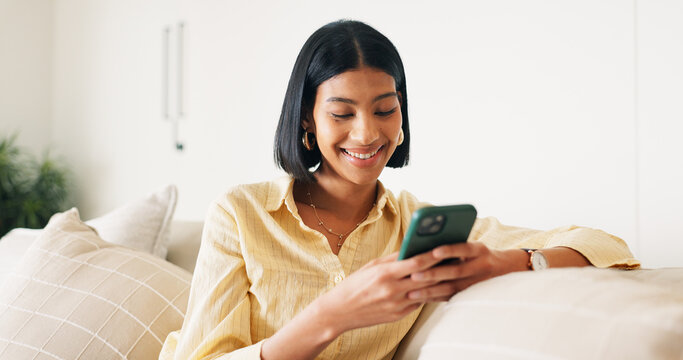 Messaging, connection and woman in house with phone, online chat or post update on social media app. Reading, space or happy person with tech, text notification or communication on digital platform.