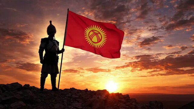 Kyrgyz warrior holding national flag at sunset, traditional nomad soldier silhouette on mountain peak, patriotic kyrgyzstan concept