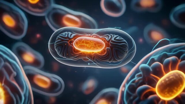 Futuristic animation showcases glowing mitochondria cells, highlighting their energy production and vital role biology and life