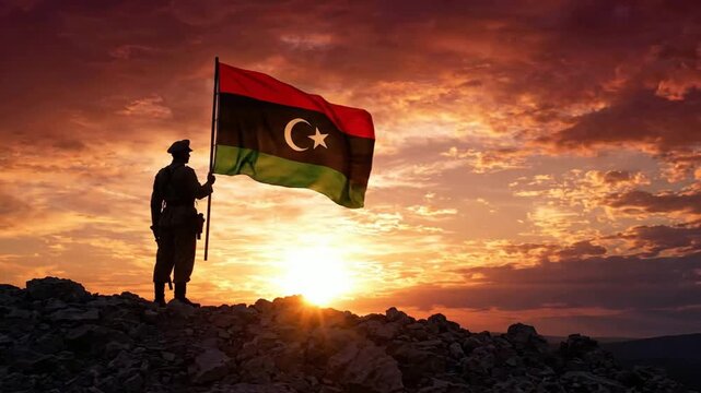 Soldier holding libya flag at sunset on rocky mountain peak, patriotic military concept, national pride and sovereignty cinematic background
