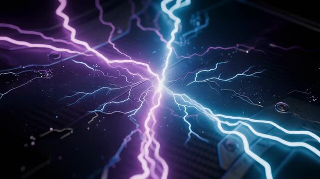 Futuristic circuit board showcases vibrant electric currents in blue and purple, creating dynamic and energetic atmosphere
