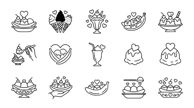 Hand-Drawn Ice Cream Sundae & Banana Split Icons Set: Sweet Desserts, Love Theme