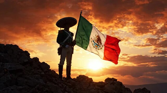 Mexican soldier in traditional uniform holding national flag at sunset on rocky mountain peak patriotic symbolism and heritage concept
