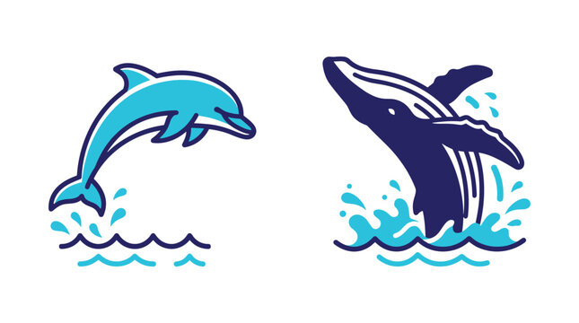 Blue leaping dolphin and breaching whale water icons.