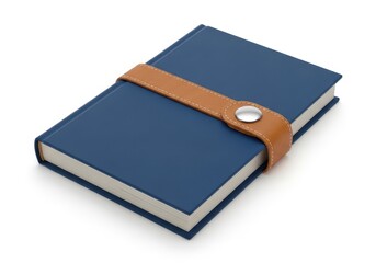Fototapeta premium Closed dark blue notebook with brown leather strap on cover