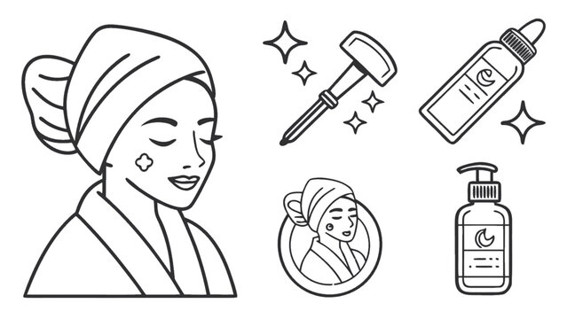 Line art icon set of woman with towel turban skincare routine facial roller serum and cleanser bottles