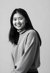 Fototapeta premium Smiling young woman wearing turtleneck sweater in studio