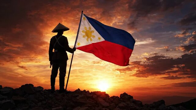 Filipino soldier holding national flag at sunset, patriotic concept of freedom, independence, and national pride on rocky mountain peak
