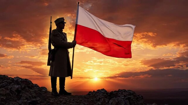 Polish soldier holding national flag at sunset on mountain peak, patriotic military tribute, historical uniform, concept of freedom and sovereignty