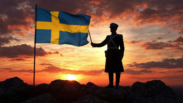 Silhouette of a soldier holding the swedish flag on a mountain peak at sunset, representing national pride, patriotism, and historical honor