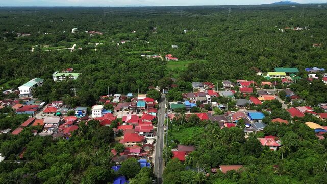 Slow pan drone footage across Alfonso Indang Road in Alfonso Cavite Philippines featuring homes, green trees, and a calm residential neighborhood in a provincial environment.