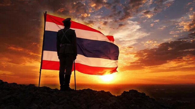 Thai soldier standing proudly with national flag at sunset, patriotic military concept, golden hour landscape background