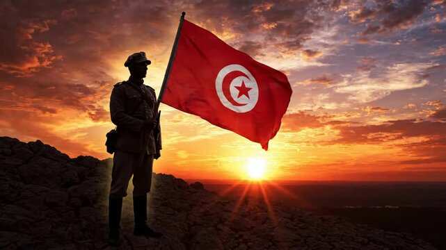 Tunisian soldier holding national flag at sunset, patriotic military tribute, dramatic sky background, symbol of pride and sovereignty