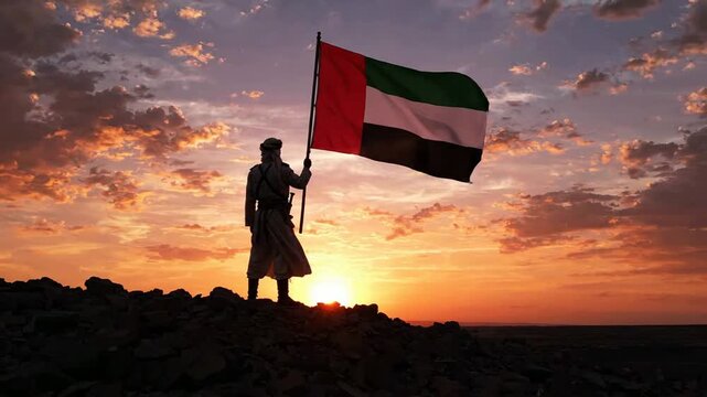 Emirati man holding uae flag at sunset on desert mountain peak, national pride and patriotism concept, middle eastern heritage and culture