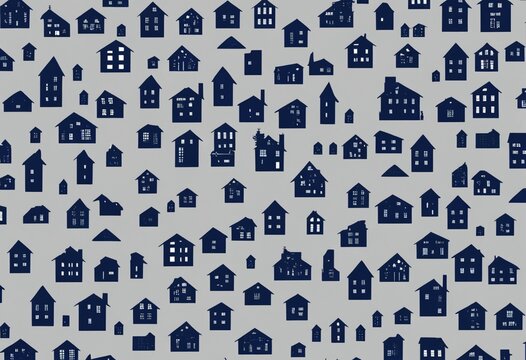 Seamless pattern of minimalist blue house icons, modern home illustration for design