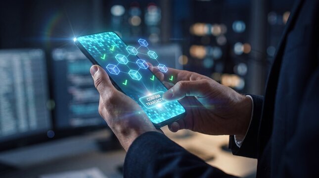 Person confirming blockchain transaction on smartphone interface in secure fintech office at night
