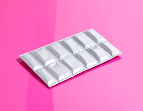 A modern metallic silver blister pack for pharmaceutical tablets resting flat on a soft pink background