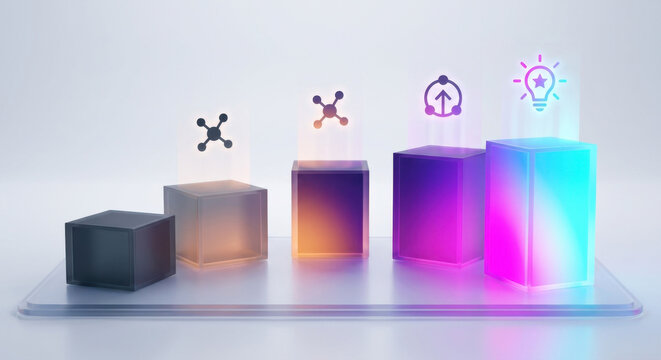 Minimal 3D columns moving from unawareness to advocacy, lit by gradient colors and subtle icons. The piece visualizes the brand funnel and the transition from exposure and recall to consideration, pre