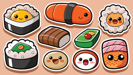 Cute cartoon sushi characters with smiling faces on peach background © PARUL
