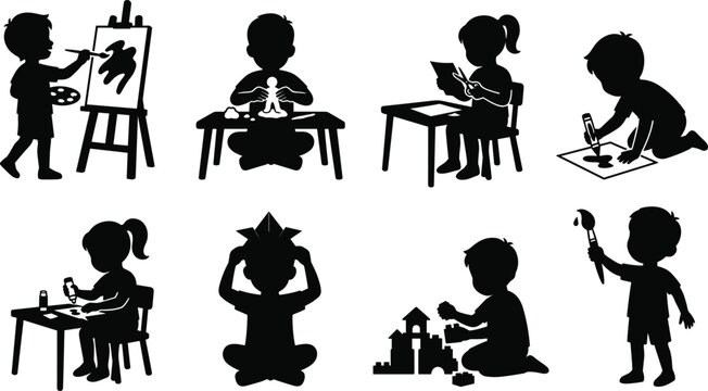 Set of black silhouette icons depicting children engaged in creative play and crafts