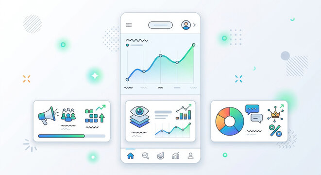  Mobile analytics UI featuring awareness scorecards, sentiment dials, and channel breakdowns. Designed for on‑the‑go visibility, the app surfaces spikes, anomalies, and regional performance in a compa