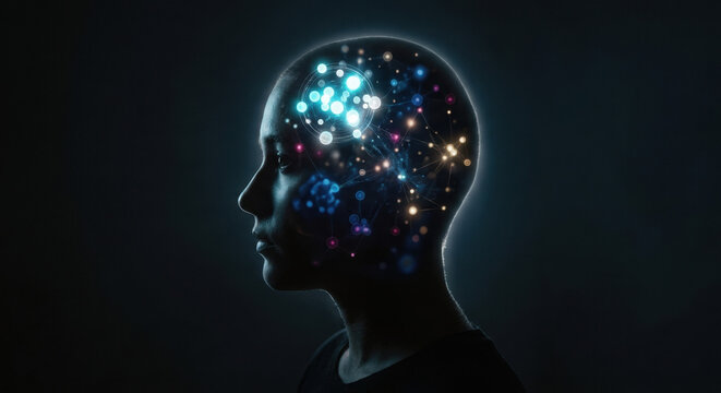 Human profile silhouette filled with a neural web of associations and glowing nodes. It symbolizes how consumers store brand memories, measure implicit associations, and translate mental availability 