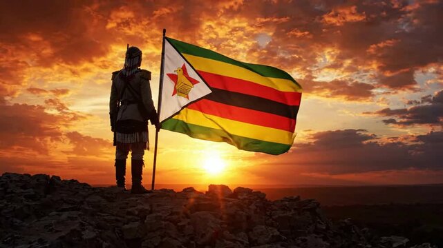 Silhouette of a soldier holding the zimbabwe flag at sunset on a rocky hilltop, patriotic concept for national pride and independence day