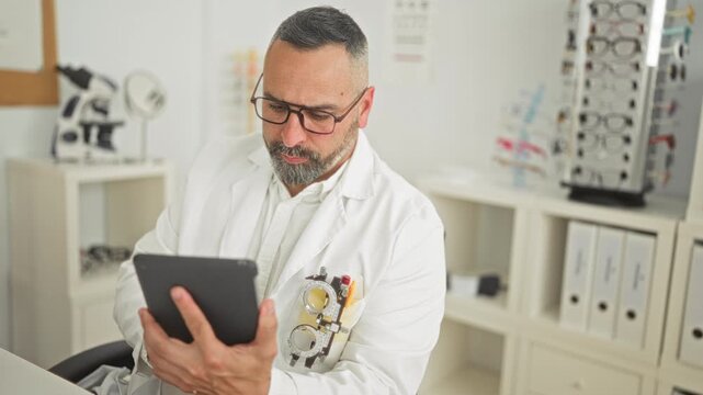 Man optician in white coat holding tablet with hands while checking prescriptions, wearing glasses in an optometry building; professional care concentration.