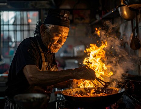 Dramatic Action Shot of a Professional Chef Cooking Food inside Wok Pan with Exploding Fire Flames