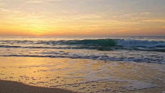 Golden hour ocean waves crashing on sandy beach at sunset, peaceful tropical seascape background, for relaxation and, travel projects